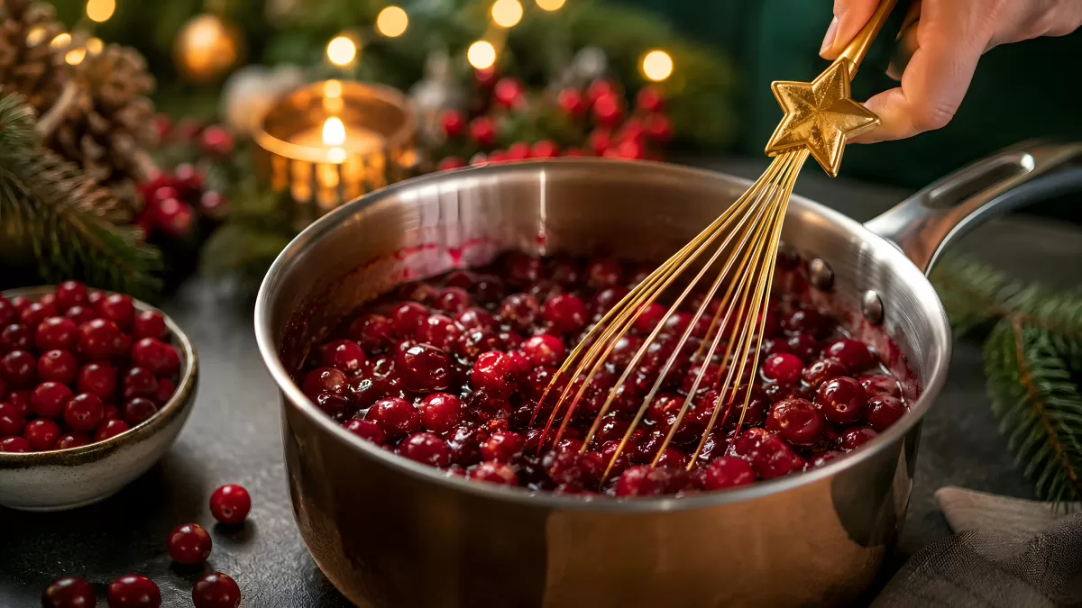 Cranberry-Sauce in Pfanne mit Weihnachtsdeko