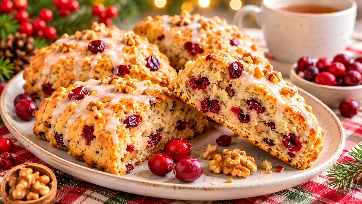 Cranberry-Walnuss-Scones mit Zuckerguss zu Weihnachten