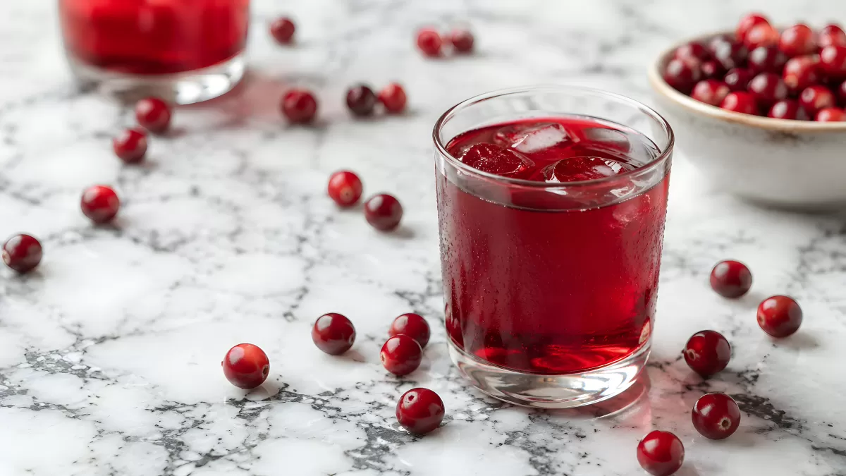 Cranberrysaft mit Eiswürfeln auf Marmorunterlage