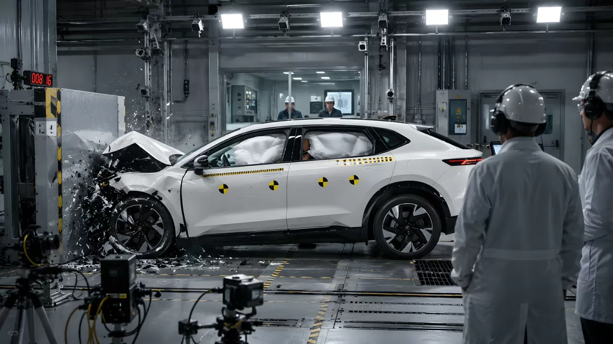 Crashtest eines weißen Elektroautos im Labor