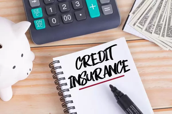 Credit insurance text in notebook with piggy bank and calculator on wooden table