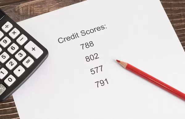 Credit scores results with calculator and red pencil