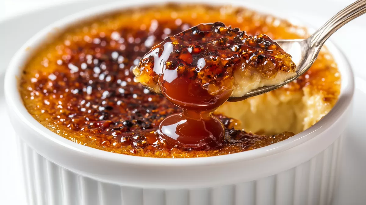 Crème brûlée mit karamellisierter Zuckerkruste im Löffel