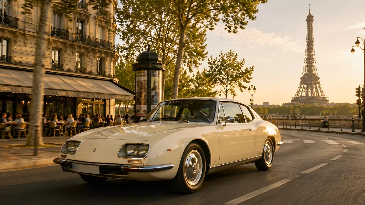 Cremefarbener Oldtimer auf Pariser Boulevard bei Sonnenuntergang