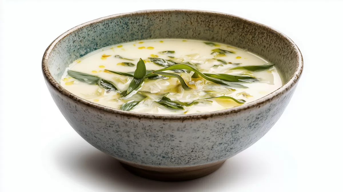 Cremige Bärlauchsuppe in rustikaler Keramikschale