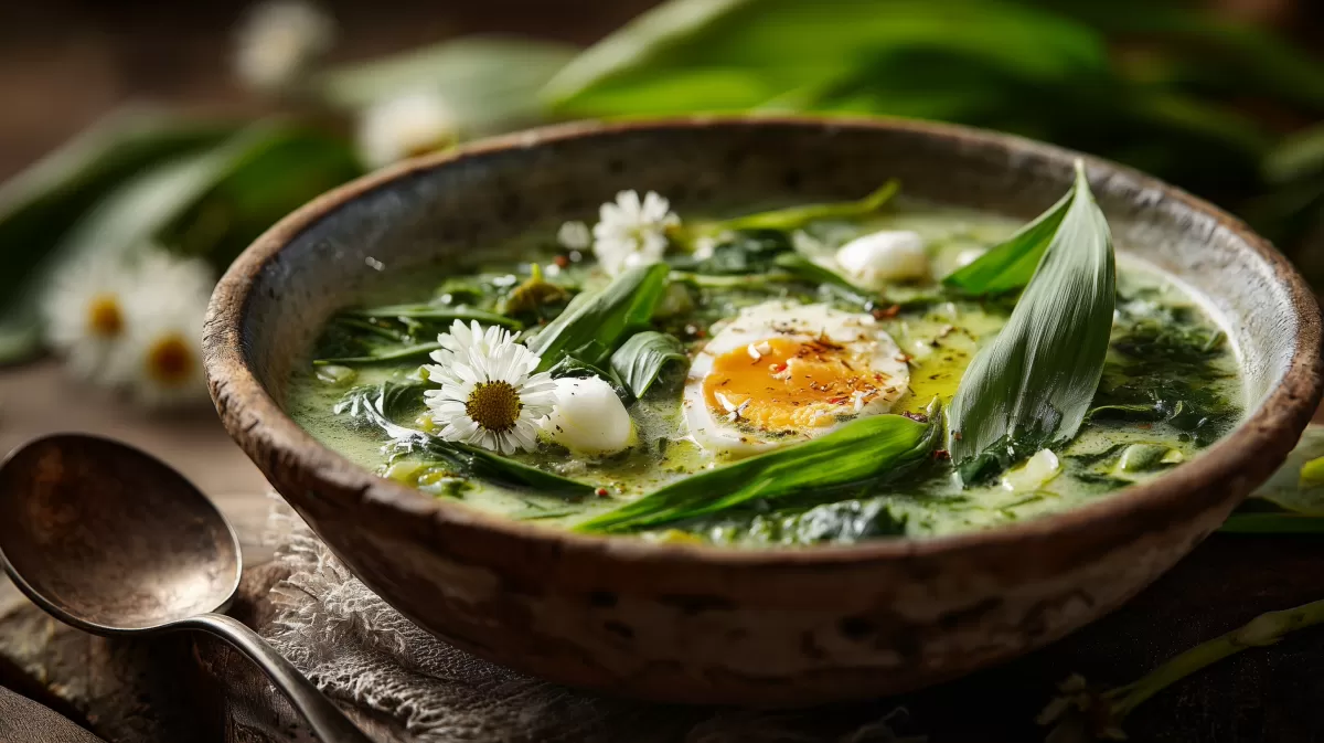 Cremige Bärlauchsuppe mit Ei und Gänseblümchen