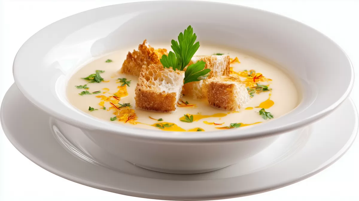Cremige Biersuppe mit Safran und Croutons