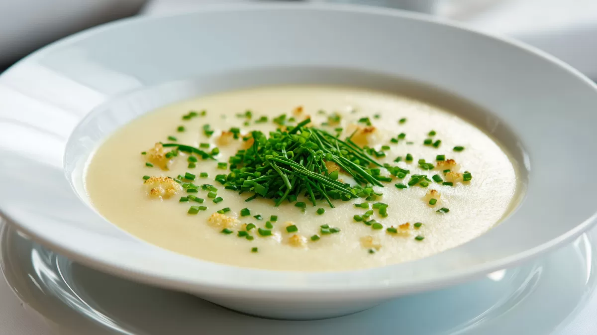 Cremige Blumenkohl Hühnersuppe mit frischem Schnittlauch