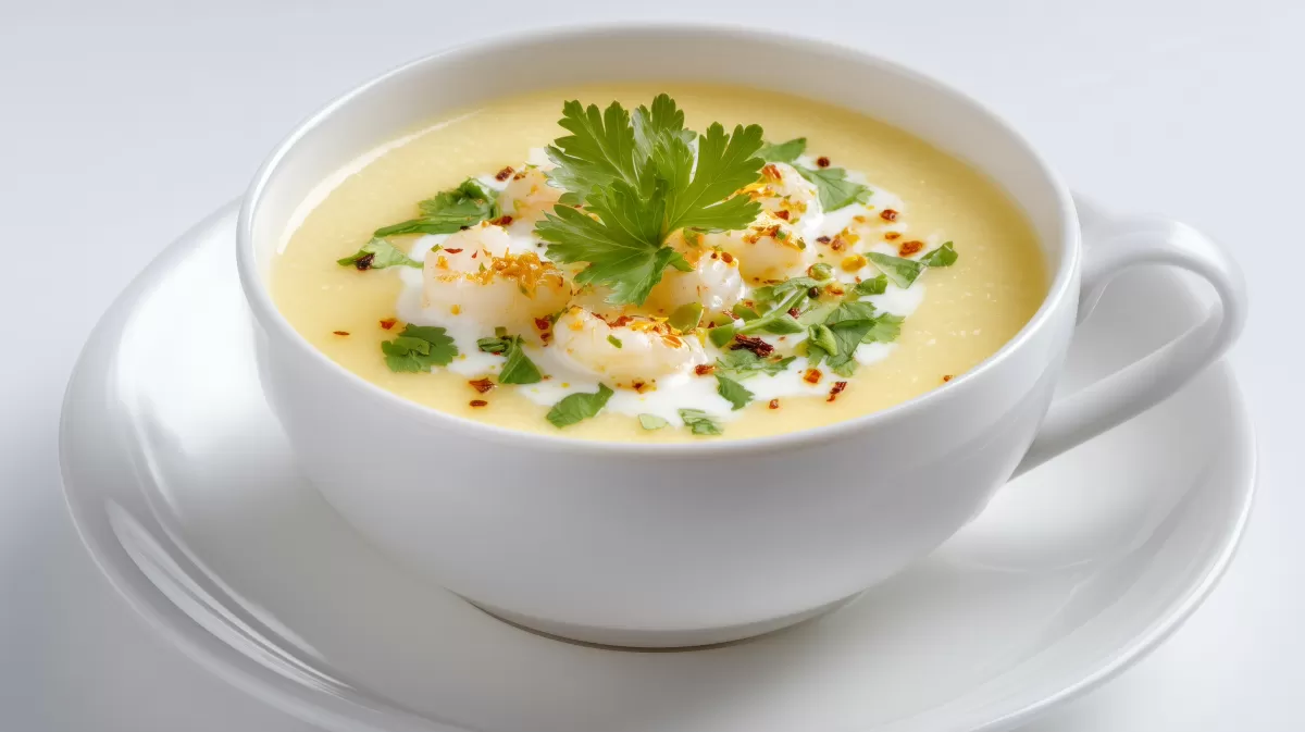 Cremige Blumenkohlsuppe mit Garnelen und Kräutern