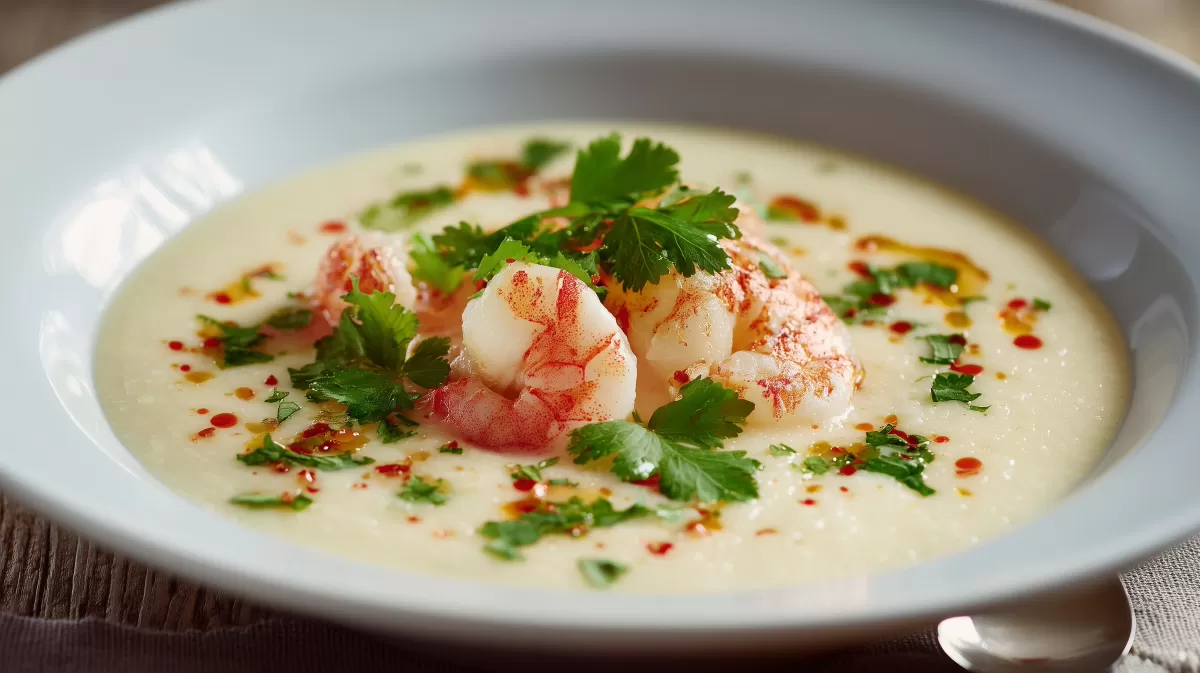Cremige Blumenkohlsuppe mit Krabben und Kräutern