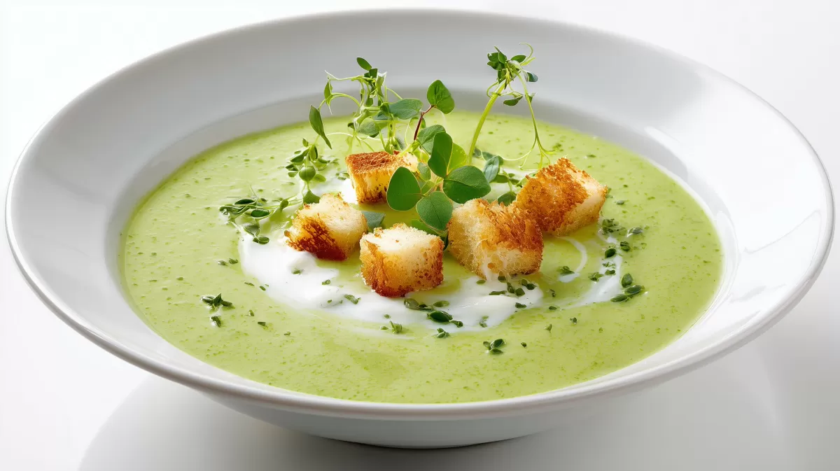 Cremige Brokkolisuppe mit Croutons und Kräutern