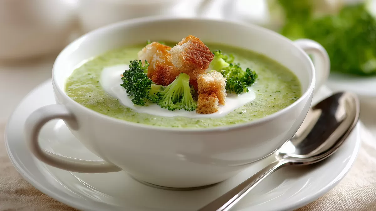 Cremige Brokkolisuppe mit Croutons und Sahne