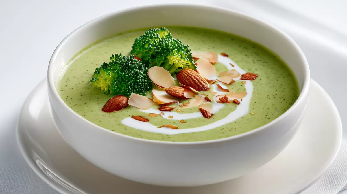 Cremige Brokkolisuppe mit Mandeln und Sahne