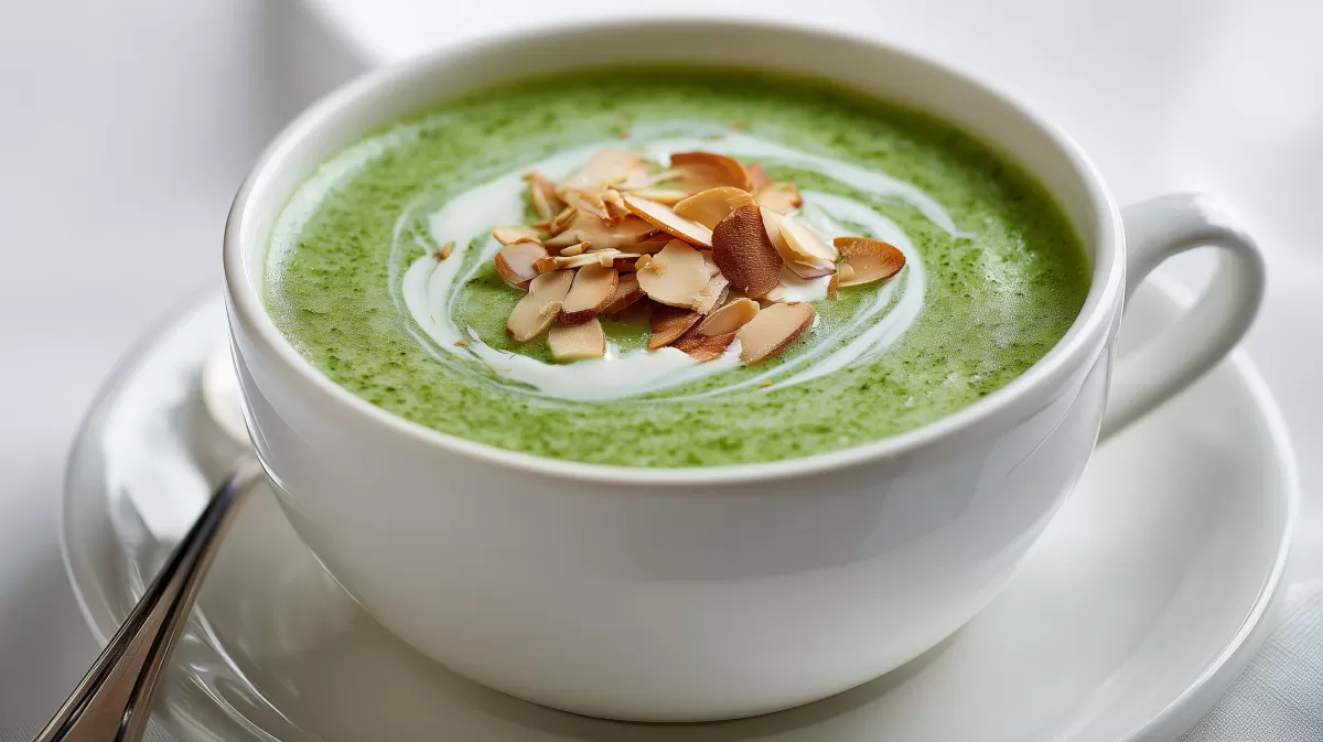 Cremige Brokkolisuppe mit Mandeln und Sahnewirbel