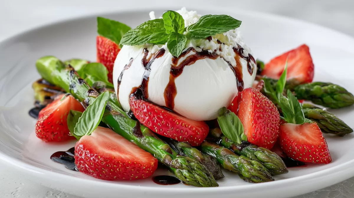 Cremige Burrata mit Spargel und Erdbeeren