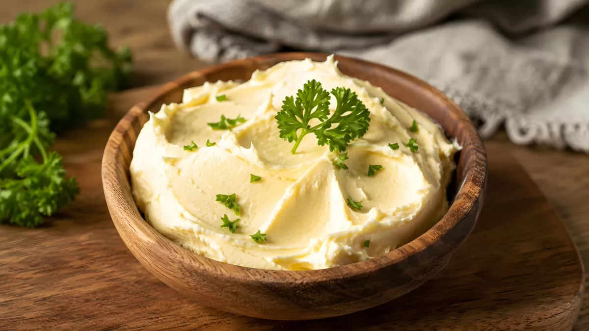 Cremige Butter in Holzschüssel mit frischer Petersilie