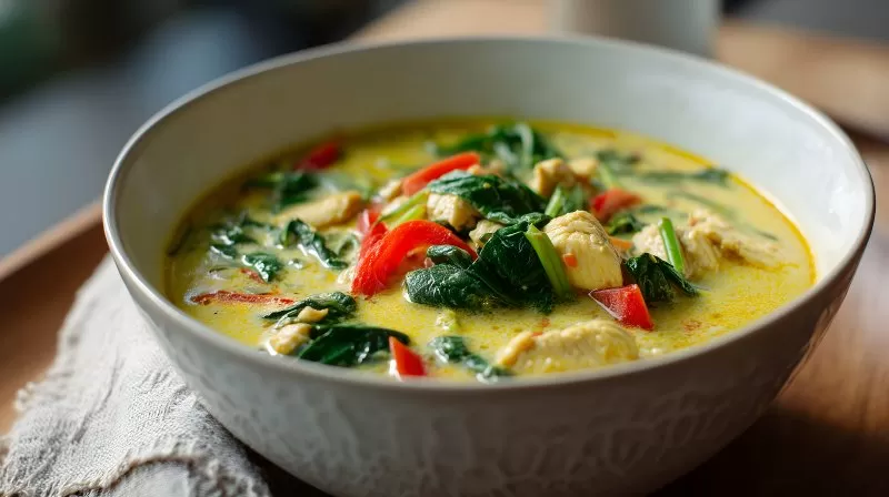 Cremige Curry-Kokos-Suppe mit Spinat und Paprika