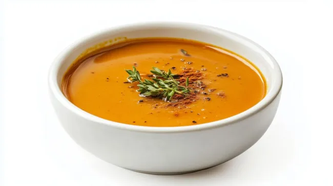 Cremige Currysauce in weißer Schale garniert mit frischem Thymian