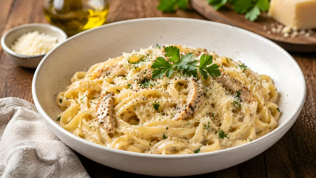 Cremige Fettuccine Alfredo mit Hähnchen und Parmesan