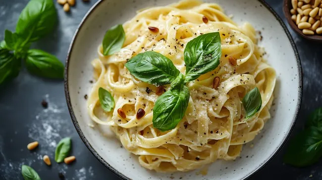 Cremige Fettuccine mit Basilikum und Pinienkernen