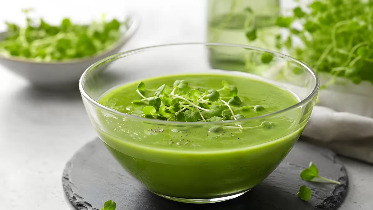 Cremige grüne Erbsensuppe mit frischen Microgreens