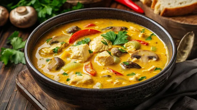 Cremige Hühnersuppe mit Paprika und Pilzen