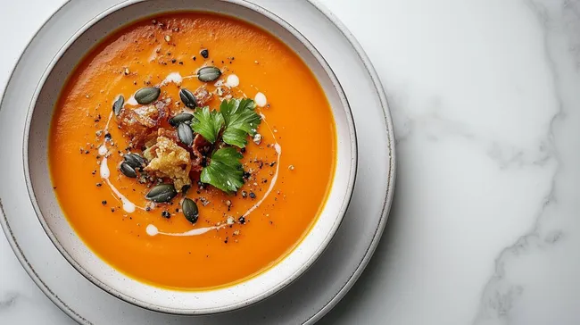 Cremige Kürbissuppe mit gerösteten Kernen und Kräutern