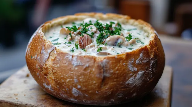 Cremige Muschelsuppe in knuspriger Brotkruste