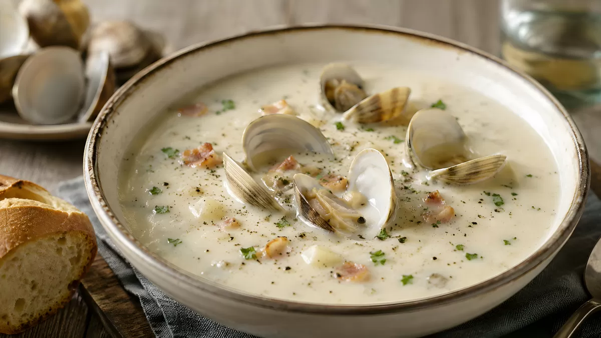 Cremige Muschelsuppe mit Venusmuscheln im Teller