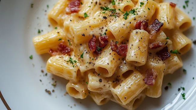 Cremige Nudeln mit knusprigem Speck und Parmesan