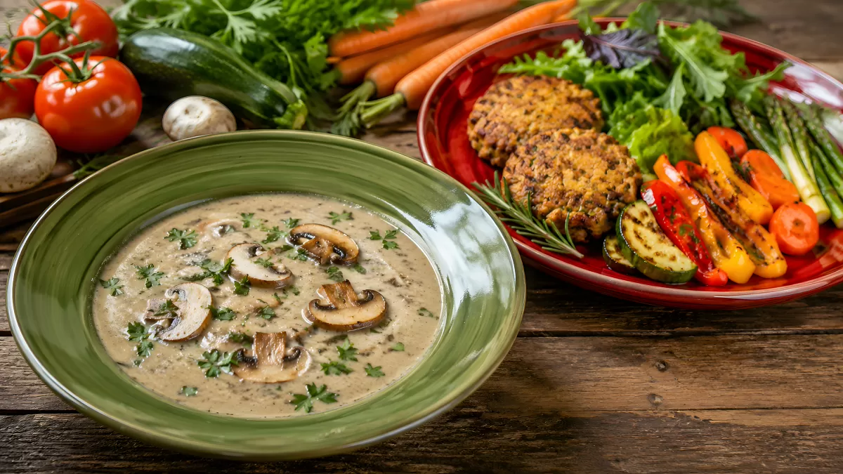 Cremige Pilzsuppe und Gemüseplatte mit Bratlingen