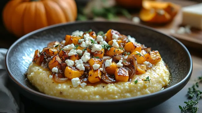 Cremige Polenta mit geröstetem Kürbis und Fetakäse