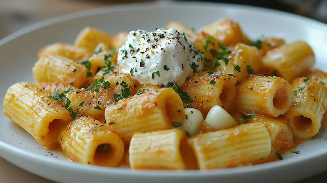 Cremige Rigatoni mit Tomatensauce und Ricotta