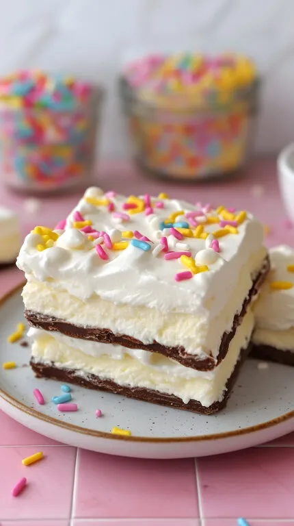 Cremige Schichtdessert-Tafel mit bunten Streuseln