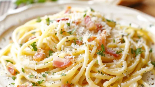 Cremige Spaghetti Carbonara mit Parmesan