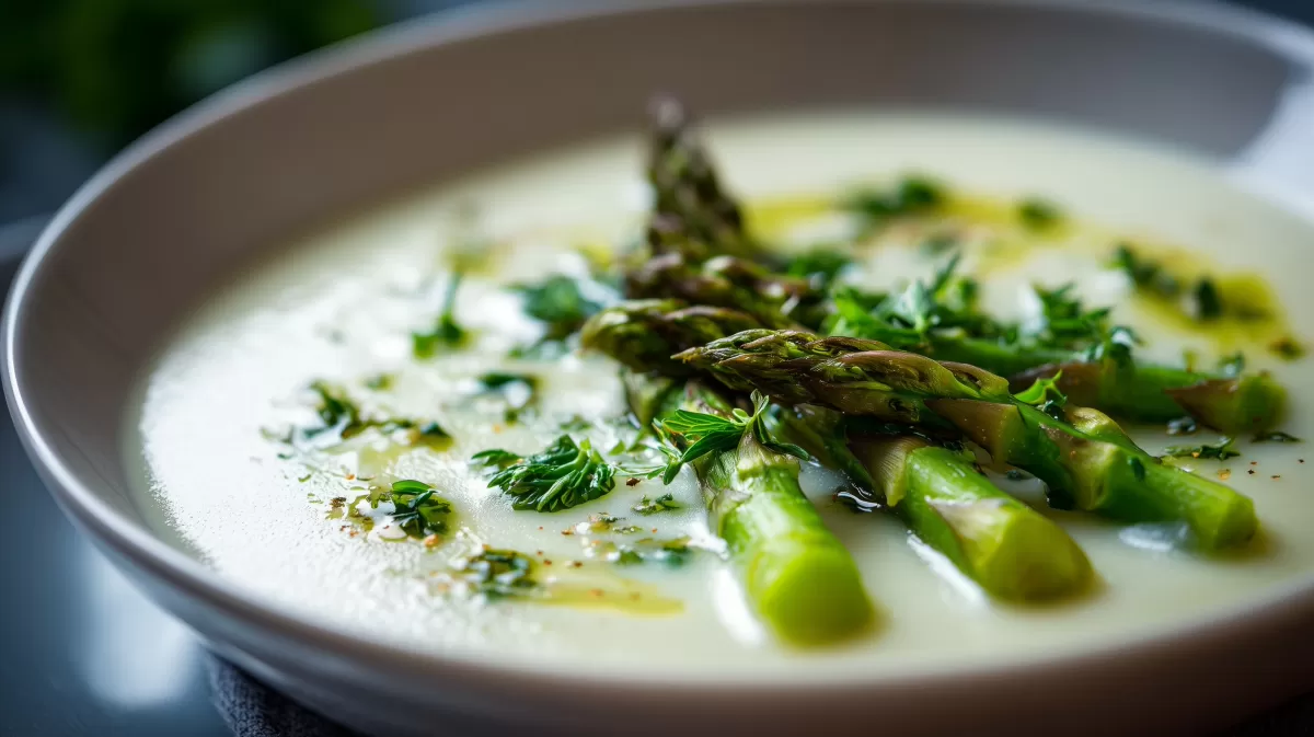 Cremige Spargelsuppe mit grünem Spargel garniert