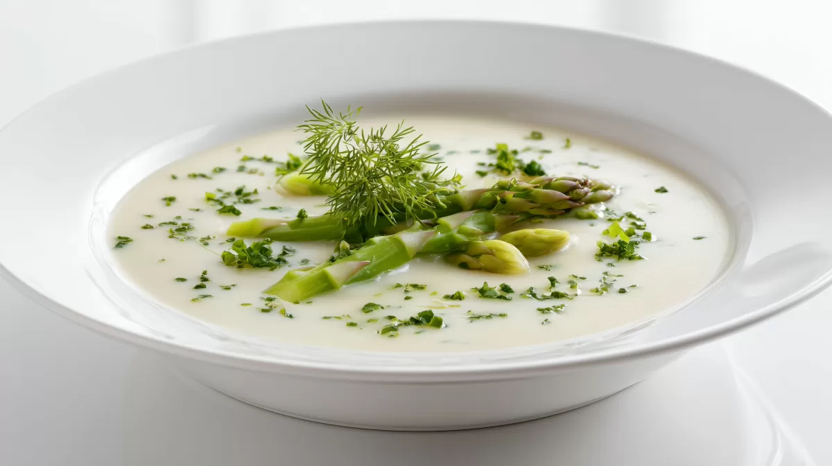 Cremige Spargelsuppe mit grünem Spargel und Dill