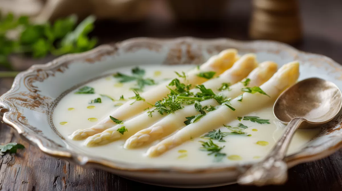 Cremige Spargelsuppe mit weißem Spargel und Kräutern