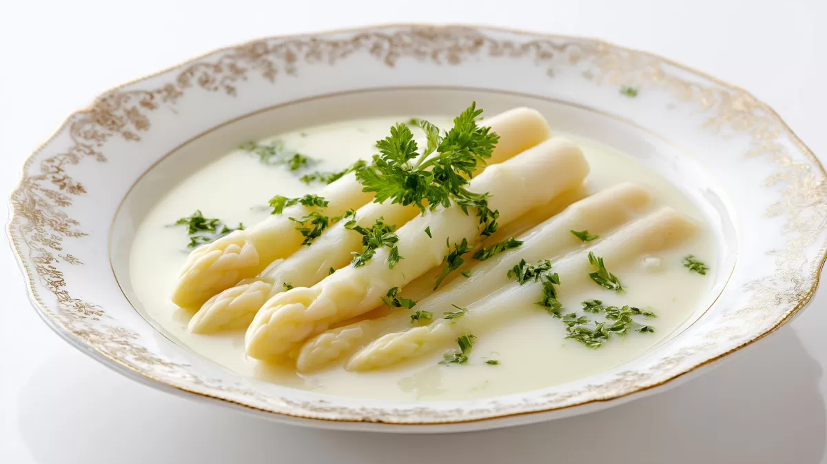 Cremige Spargelsuppe mit weißem Spargel und Petersilie
