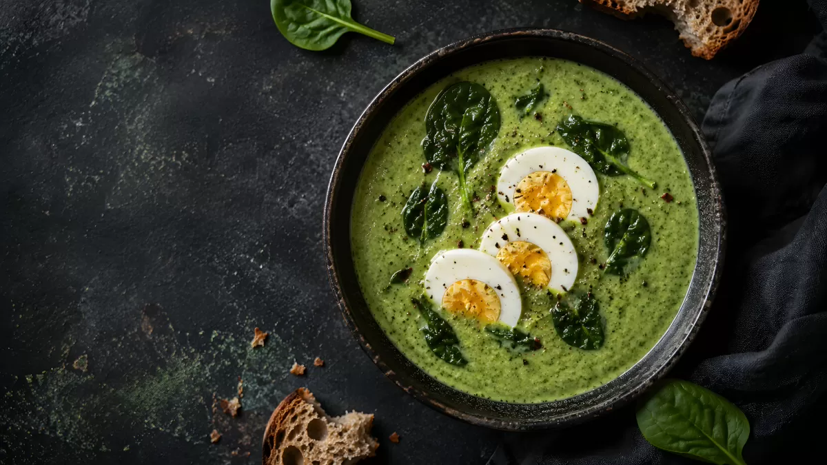 Cremige Spinatsuppe mit hartgekochten Eiern in Schale