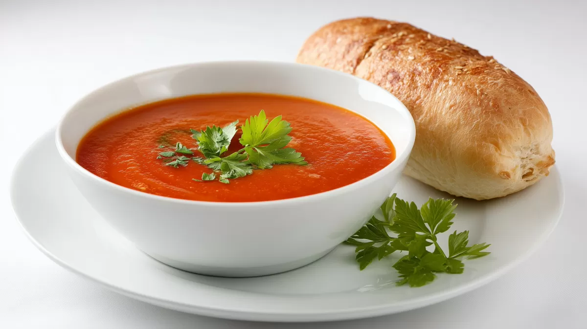 Cremige Tomatensuppe mit Brötchen und Petersilie