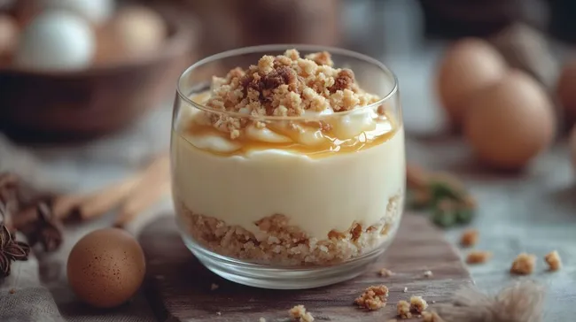 Cremige Vanille-Karamell-Creme im Glas mit Streuseln