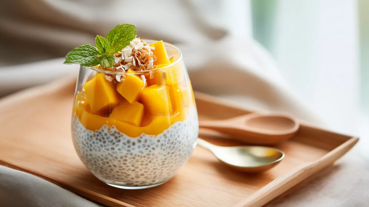 Cremiger Chia Pudding mit Mango und Kokos