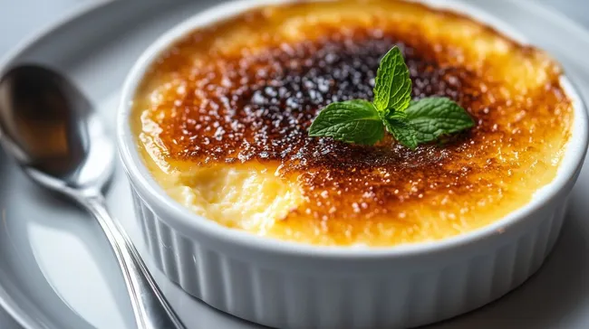 Cremiger Crème Brûlée mit Karamellkruste und Minze