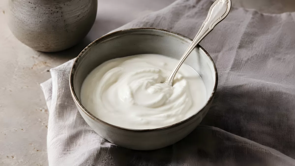 Cremiger griechischer Joghurt in grauer Keramikschale