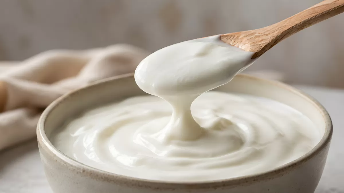 Cremiger Joghurt im Keramikschälchen mit Holzlöffel