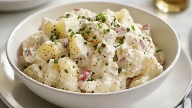 Cremiger Kartoffelsalat mit Schnittlauch in rustikaler Schüssel