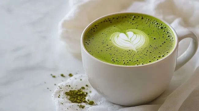 Cremiger Matcha-Latte mit Schaumkrone in weißer Tasse