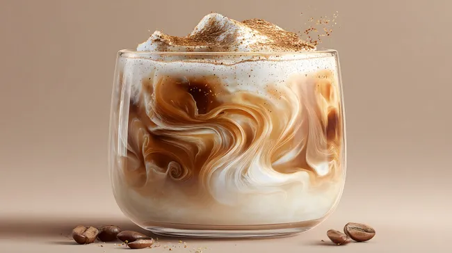 Cremiger Milchkaffee mit Schaumkrone und Kakaopulver