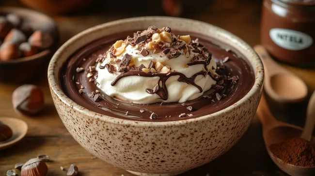 Cremiger Schokoladenpudding mit Sahnekrönung und Nüssen